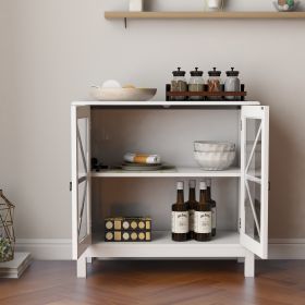 Rustic Kitchen Cabinet with Double Glass Doors - Multipurpose Storage Sideboard Buffet (Color: White)